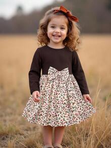 SHEIN Baby Girl Colorblock Ditsy Floral Long Pants Bowknot Dress - Brown - View 6