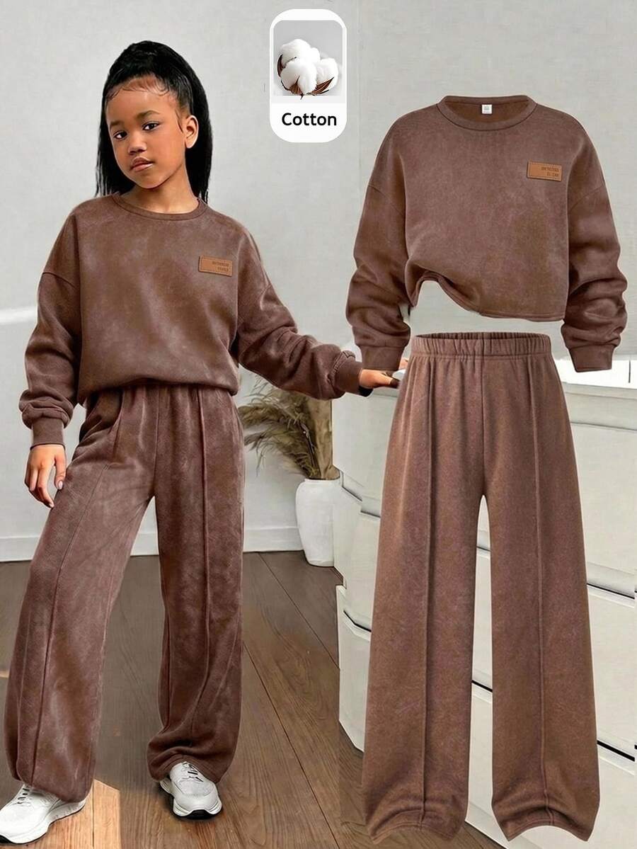 SHEIN Kids Tween Girl Knitted Solid Color Crew Neck Loose Casual Sweatshirt & Straight Leg Loose Pants 2 Pieces Set - Grey - View 1