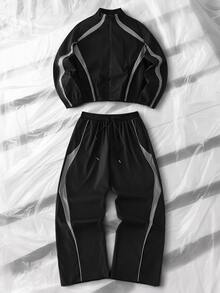 NEON BLANC Men's Colorblock Long Sleeve Jacket And Pants Casual Daily Outfit Jacket Halloween Christmas Winter Party Autumn - Black - View 2