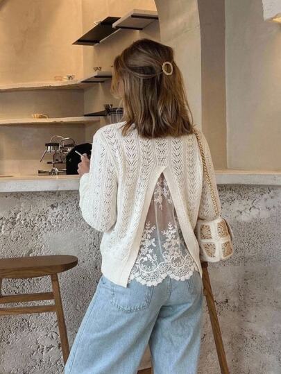 Serisse Women's Elegant Back Mesh Lace Patchwork Hollow Knit Sweater