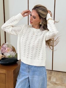 Serisse كنزة نسائية أنيقة من الصوف المحبوك مع تفاصيل دانتيل وشبكة خلفية وتصميم مفرغ - أبيض - مشاهدة 7