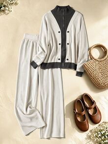 Rusticease Setup Autumn Winter Casual Women's 2pcs Set Zipper Button Long Sleeve Two-Tone Sweater Straight Leg Pants Everyday Homewear Beige - Multicolor - View 5
