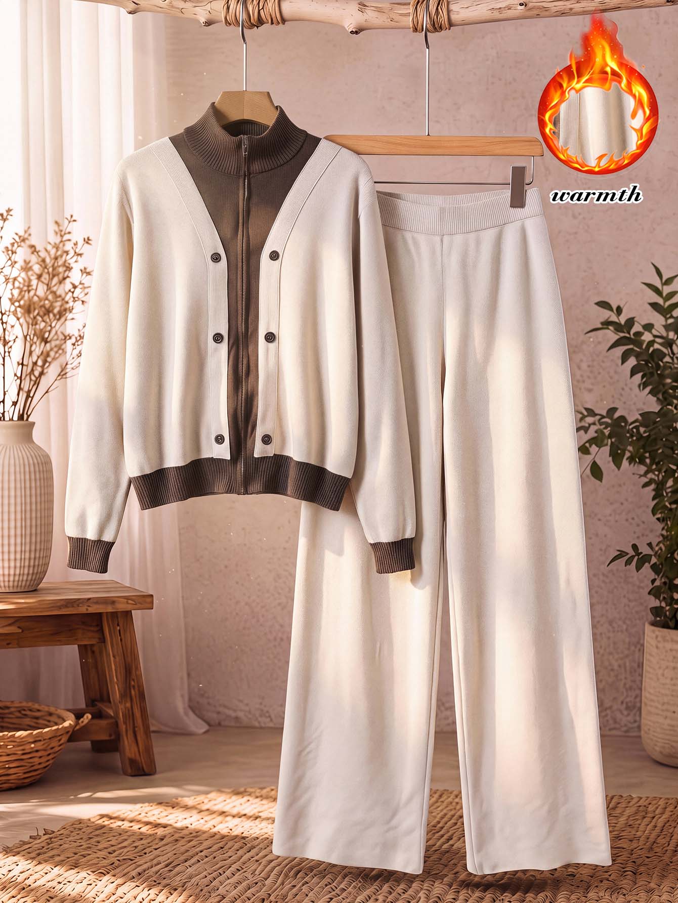 Rusticease Setup Autumn Winter Casual Women's 2pcs Set Zipper Button Long Sleeve Two-Tone Sweater Straight Leg Pants Everyday Homewear Beige - Multicolor - View 1