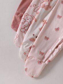 SHEIN 4件裝新生兒熊圖案棕色灰玫瑰白長袖連身包屁衣，秋冬圓領花卉鈕扣款，家庭睡衣套裝 - 彩色 - 查看 9