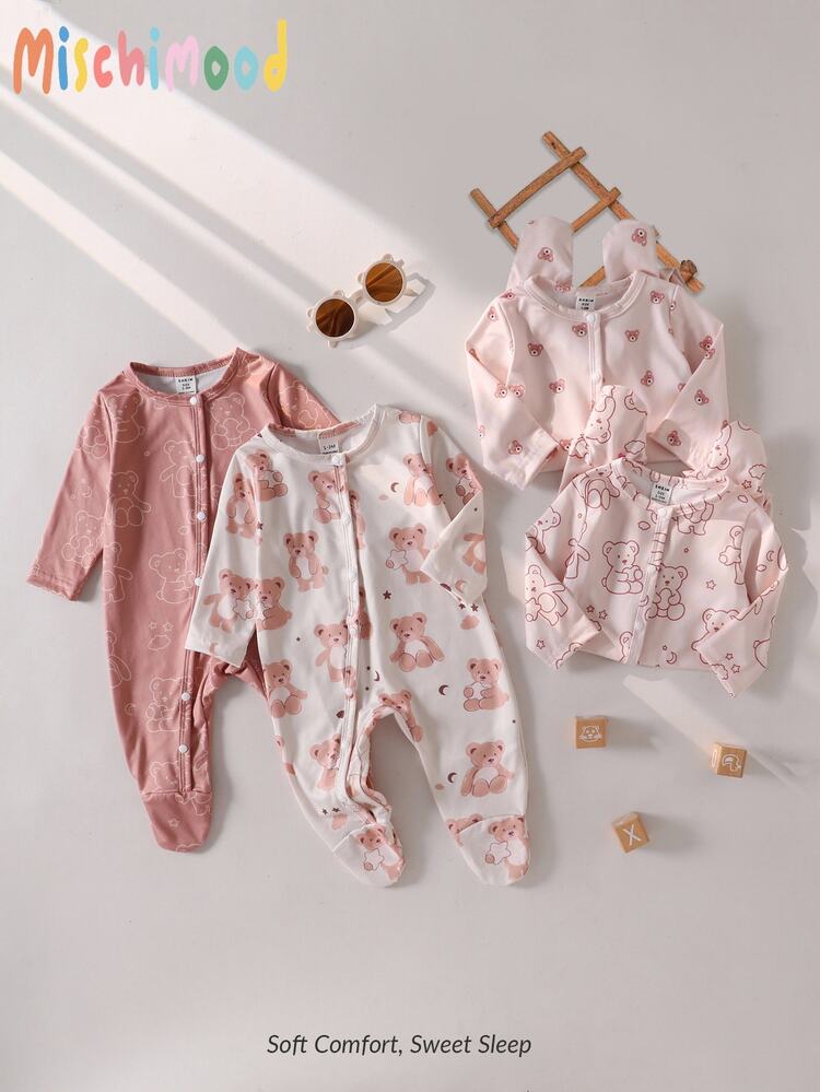 SHEIN 4pcs Newborn Bear Pattern Brown Dusty Rose White Long Sleeve Footed Rompers, Autumn/Winter Crew Neck Floral Button Style, Family Sleepwear Matching - Multicolor - View 7