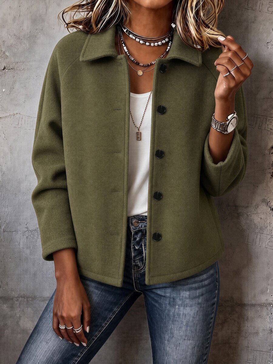 Holdful Holdful Mantel Kasual Wanita Lengan Panjang Raglan Kancing Tunggal Warna Polos, Musim Gugur/Musim Dingin untuk Kantor, Sehari-hari, Pergi Bekerja, Warna Hijau Zaitun - Hijau Tentara - View 1