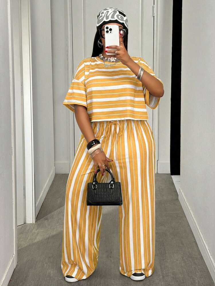 Veslaya Women Plus Size 2-Piece Set,Summer Casual Everyday Loungewear,White Striped Print Loose Short Sleeve Cropped Top & Extra Long Wide Leg Pants Outfits - Pale Yellow - View 8