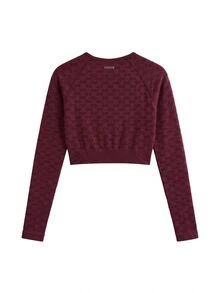Nöista Part Of A Set, Activewear Seamless Long Sleeve Crop Top, With Florar Jacquard, Perfect For Activewear In Fall Winter Season, Yoga, Barre, Gym  - Burgundy - View 9