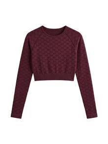 Nöista Part Of A Set, Activewear Seamless Long Sleeve Crop Top, With Florar Jacquard, Perfect For Activewear In Fall Winter Season, Yoga, Barre, Gym  - Burgundy - View 8