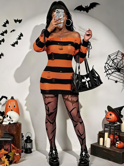 SHEIN BamGlam Vestido de Suéter Feminino Fantasia de Halloween Laranja & Preto Listrado Colorblock Desgastado com Borlas Cordão Ombro Caído Manga Lanterna Sexy Ajustado de Malha