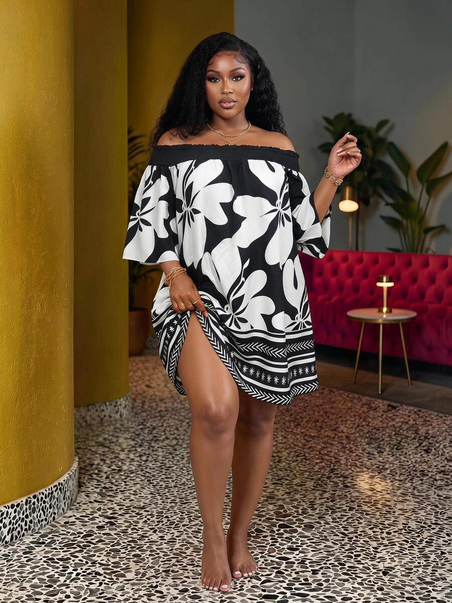 Veslaya Plus Size Women's Black And White Floral Print Off-Shoulder ...
