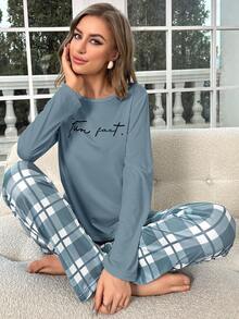 Lazeform Letter Print Long Sleeve Top & Plaid Pants Pajama Set Cozy And Elegant Details, Fall Winter Clothes - Blue - View 3