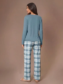 Lazeform Letter Print Long Sleeve Top & Plaid Pants Pajama Set Cozy And Elegant Details, Fall Winter Clothes - Blue - View 2