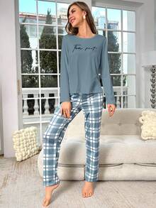 Lazeform Letter Print Long Sleeve Top & Plaid Pants Pajama Set Cozy And Elegant Details, Fall Winter Clothes - Blue - View 5