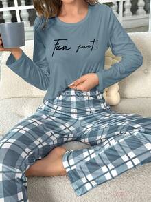 Lazeform Letter Print Long Sleeve Top & Plaid Pants Pajama Set Cozy And Elegant Details, Fall Winter Clothes - Blue - View 4