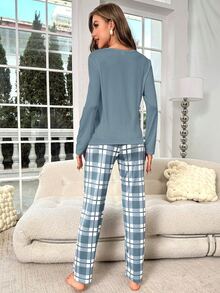 Lazeform Letter Print Long Sleeve Top & Plaid Pants Pajama Set Cozy And Elegant Details, Fall Winter Clothes - Blue - View 6