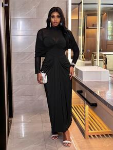 Veslaya Plus Size Women Black Elegant Dress, Autumn Mesh Patchwork Twist Design Fitted Fashion Long Sleeve Formal Evening Ruched Christmas Dress - Black - View 4