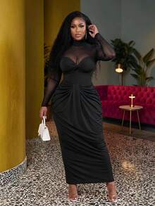 Veslaya Plus Size Women Black Elegant Dress, Autumn Mesh Patchwork Twist Design Fitted Fashion Long Sleeve Formal Evening Ruched Christmas Dress - Black - View 2