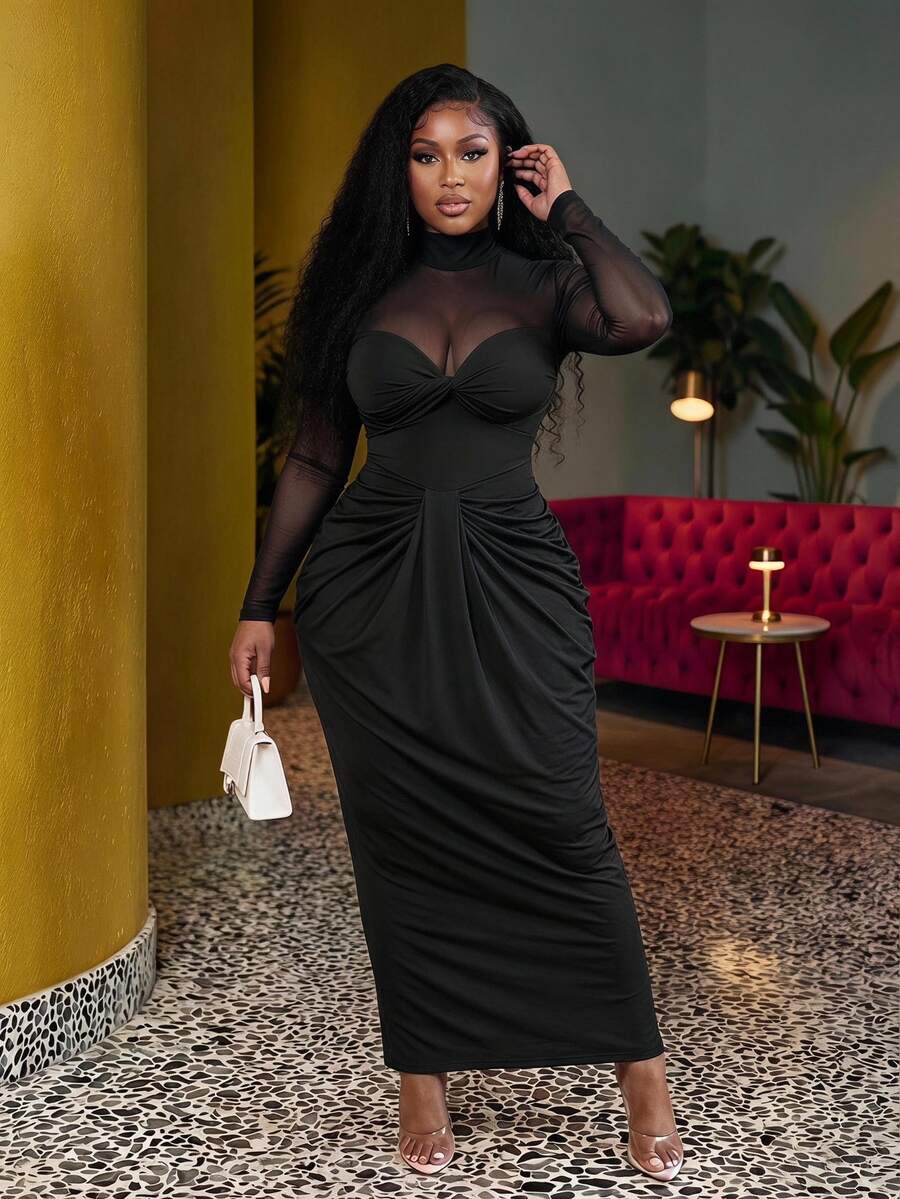 Veslaya Plus Size Women Black Elegant Dress, Autumn Mesh Patchwork Twist Design Fitted Fashion Long Sleeve Formal Evening Ruched Christmas Dress