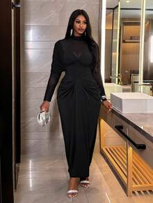 Veslaya Plus Size Women Black Elegant Dress, Autumn Mesh Patchwork Twist Design Fitted Fashion Long Sleeve Formal Evening Ruched Christmas Dress - Black - View 5