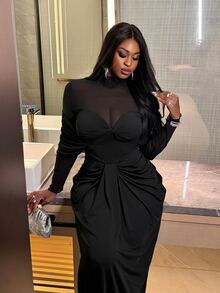 Veslaya Plus Size Women Black Elegant Dress, Autumn Mesh Patchwork Twist Design Fitted Fashion Long Sleeve Formal Evening Ruched Christmas Dress - Black - View 6