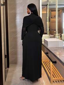 Veslaya Plus Size Women Black Elegant Dress, Autumn Mesh Patchwork Twist Design Fitted Fashion Long Sleeve Formal Evening Ruched Christmas Dress - Black - View 3