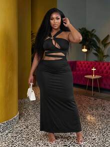 Veslaya Plus Size Ring Cutout Sleeveless Bodycon Dress, Sexy Elegant Party Club Date Night Evening Dress - Black - View 2