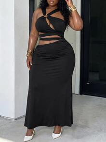 Veslaya Plus Size Ring Cutout Sleeveless Bodycon Dress, Sexy Elegant Party Club Date Night Evening Dress - Black - View 7