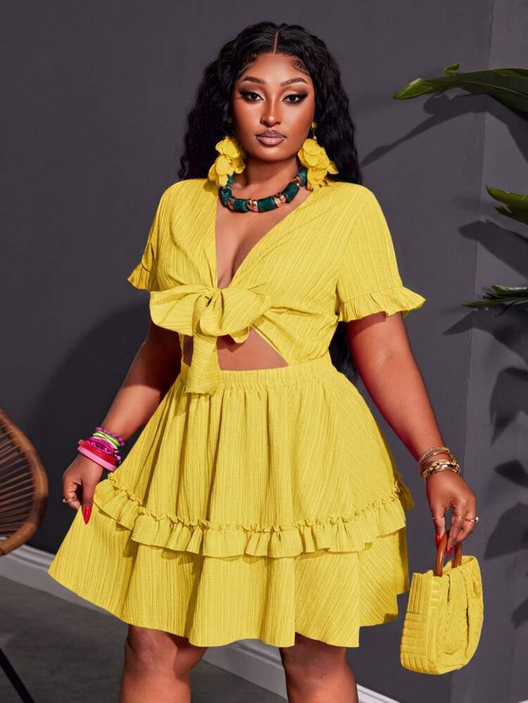 Slaydiva Plus Size Women's Mustard Yellow Summer Boho Vacation Holiday Fitted Ruffle Trim Chest Tie Front A-Line Mini Dress,Woven Textured Fabric - Yellow - View 5