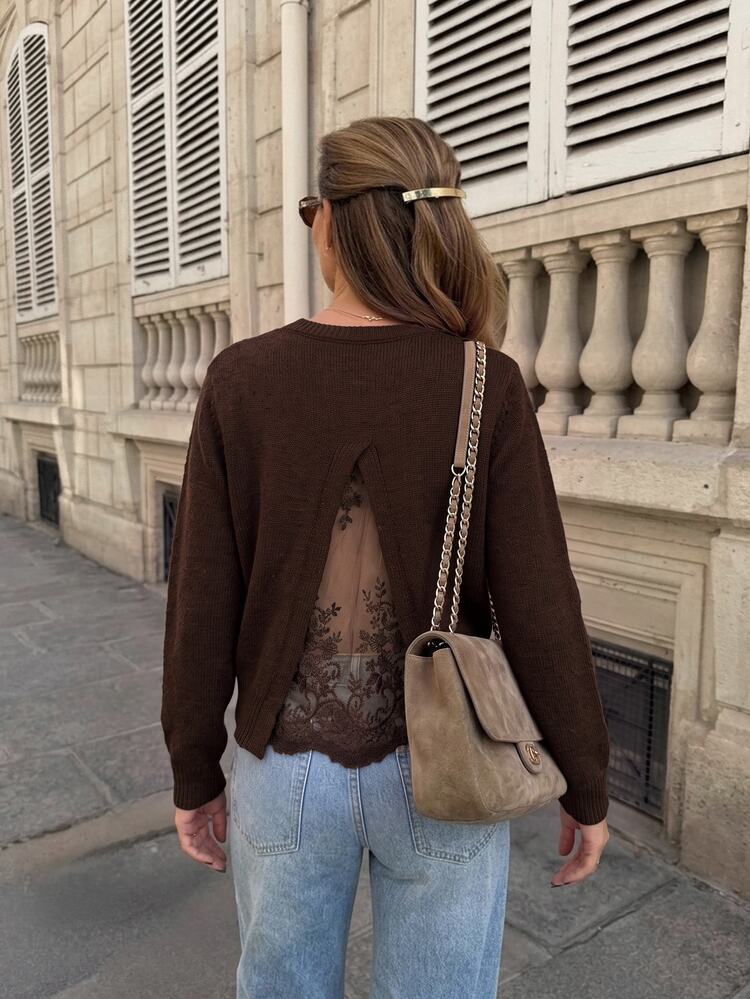 Serisse Sweater Rajut Wanita Elegan dengan Detail Renda Jala di Bagian Belakang, Sweater Cokelat Lengan Panjang untuk Wanita, Cardigan Rajut, Sweater Kasual Elegan untuk Musim Dingin - Coklat - View 4