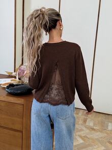 Serisse 女款優雅後背網紗蕾絲拼接鏤空針織毛衣，棕色長袖針織開襟衫，冬季優雅休閒毛衣 - 棕色 - 查看 9