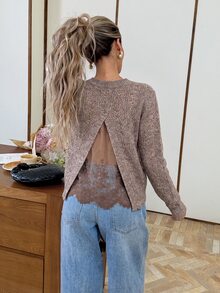 Serisse 女款優雅露背網紗蕾絲拼接鏤空針織毛衣 - 駝色 - 查看 9