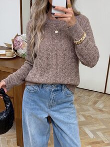 Serisse 女款優雅露背網紗蕾絲拼接鏤空針織毛衣 - 駝色 - 查看 2