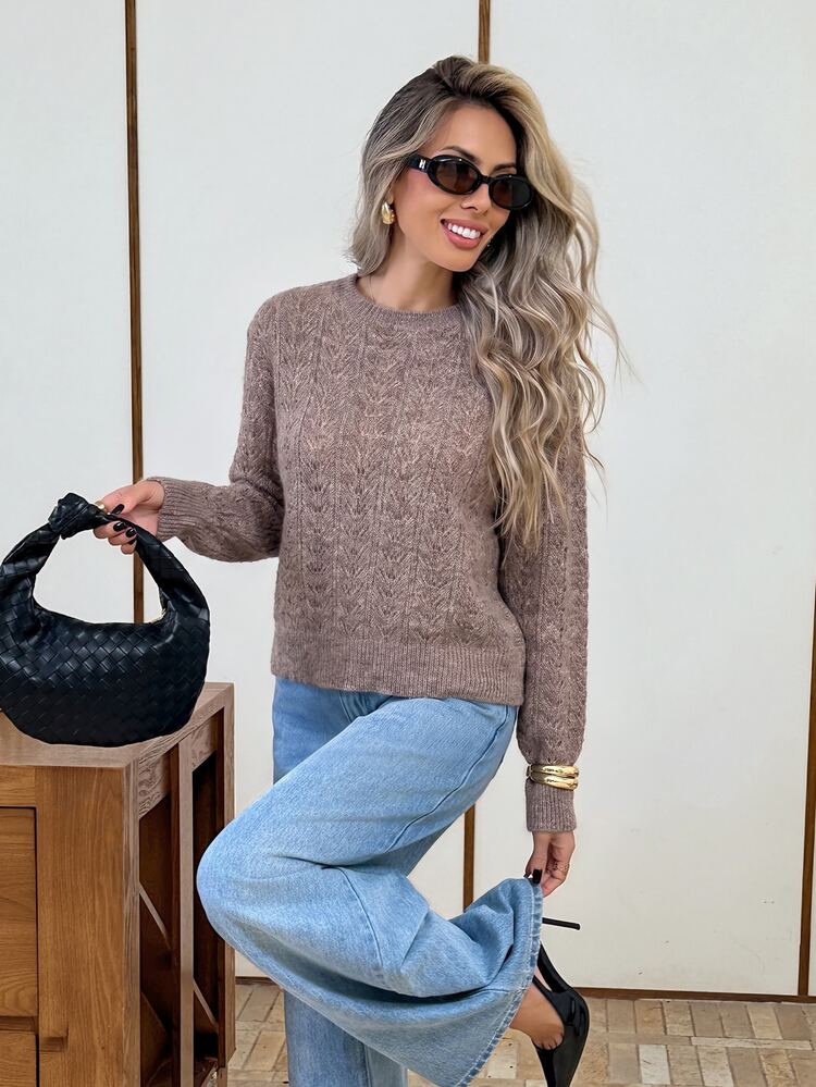 Serisse كنزة صوفية نسائية أنيقة بتصميم شبكي من الخلف مع تطريز دانتيل وتفاصيل مفرغة محبوكة - بني فاتح - مشاهدة 8