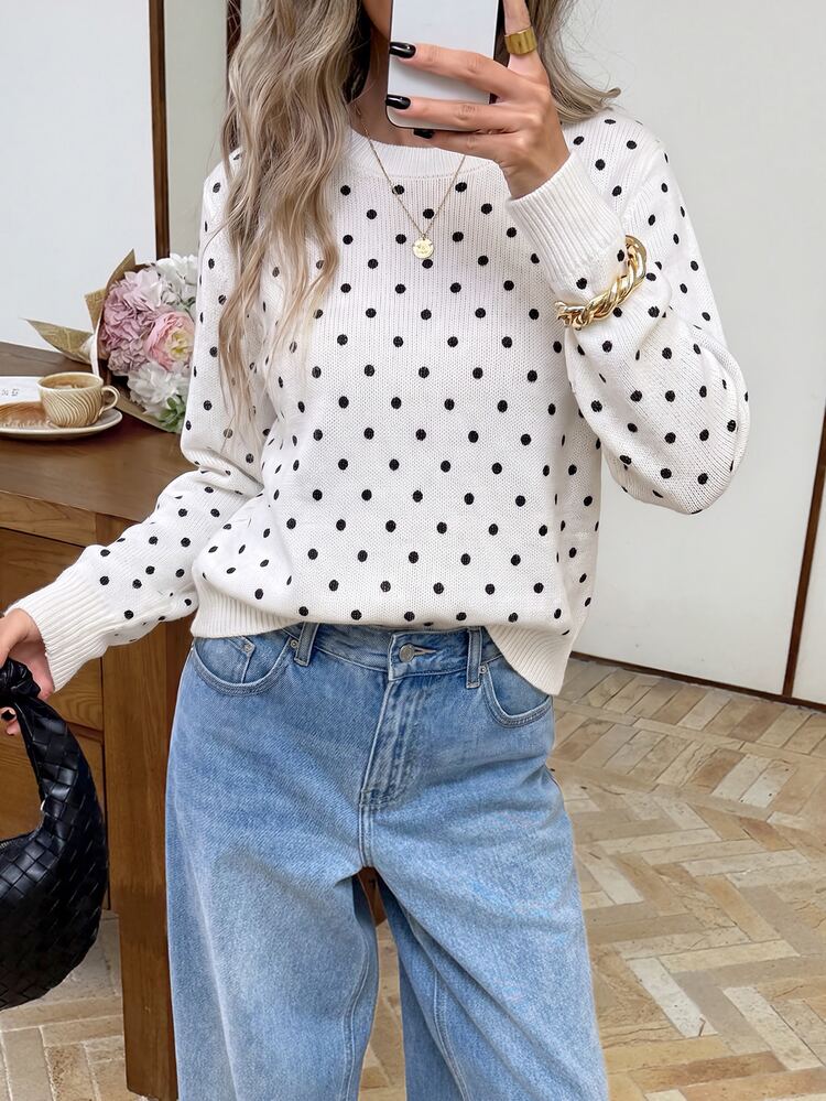 Serisse Sweater Rajut Wanita Elegan dengan Detail Renda Jala di Bagian Belakang, Motif Polka Dot, Belahan Belakang, Lengan Panjang, Musim Gugur/Dingin - Putih - View 2