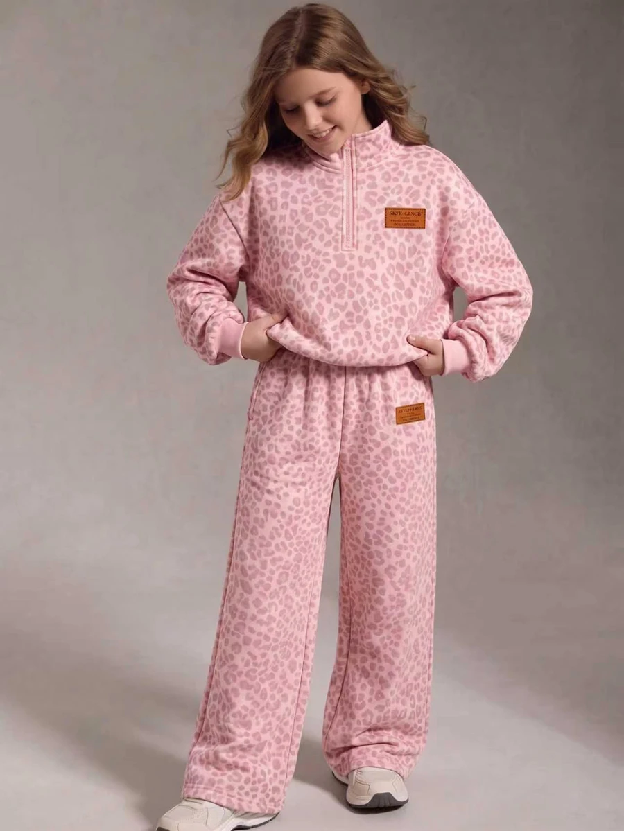 Girls Pink Leopard Print Half-Zip Sweatshirt + Wide Leg Sweatpants 2pcs Set, Fashion Y2K Animal Print Sportswear For Autumn/Winter - Multicolor - View 1
