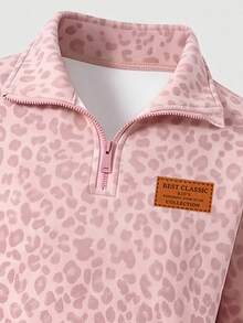 Girls Pink Leopard Print Half-Zip Sweatshirt + Wide Leg Sweatpants 2pcs Set, Fashion Y2K Animal Print Sportswear For Autumn/Winter - Multicolor - View 7