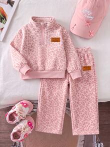 Girls Pink Leopard Print Half-Zip Sweatshirt + Wide Leg Sweatpants 2pcs Set, Fashion Y2K Animal Print Sportswear For Autumn/Winter - Multicolor - View 3