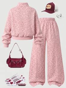 Girls Pink Leopard Print Half-Zip Sweatshirt + Wide Leg Sweatpants 2pcs Set, Fashion Y2K Animal Print Sportswear For Autumn/Winter - Multicolor - View 2