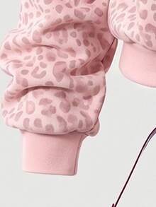 Girls Pink Leopard Print Half-Zip Sweatshirt + Wide Leg Sweatpants 2pcs Set, Fashion Y2K Animal Print Sportswear For Autumn/Winter - Multicolor - View 5