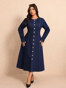 Elaquor Plus Size Women's Round Neck Long Sleeve Single-Breasted Casual Elegant Denim Dress Formal Evening Navy Blue Autumn Office Business Work Dress - Blue - View 8