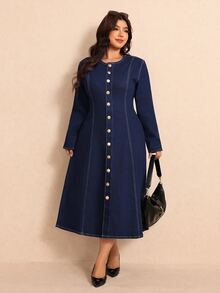 Elaquor Plus Size Women's Round Neck Long Sleeve Single-Breasted Casual Elegant Denim Dress Formal Evening Navy Blue Autumn Office Business Work Dress - Blue - View 6
