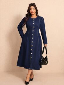 Elaquor Plus Size Women's Round Neck Long Sleeve Single-Breasted Casual Elegant Denim Dress Formal Evening Navy Blue Autumn Office Business Work Dress - Blue - View 4