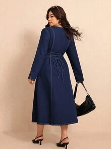 Elaquor Plus Size Women's Round Neck Long Sleeve Single-Breasted Casual Elegant Denim Dress Formal Evening Navy Blue Autumn Office Business Work Dress - Blue - View 3