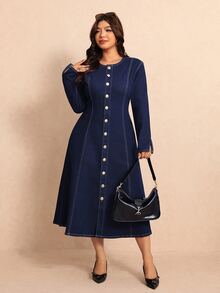 Elaquor Plus Size Women's Round Neck Long Sleeve Single-Breasted Casual Elegant Denim Dress Formal Evening Navy Blue Autumn Office Business Work Dress - Blue - View 5