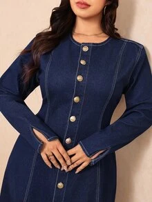 Elaquor Plus Size Women's Round Neck Long Sleeve Single-Breasted Casual Elegant Denim Dress Formal Evening Navy Blue Autumn Office Business Work Dress - Blue - View 7