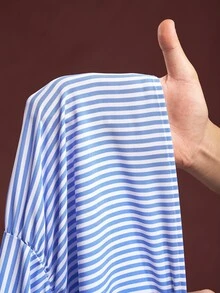 Veslaya 大码竖条纹短袖休闲宽松纽扣连衣裙，夏季 - 藍白色 - 查看 7