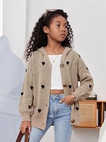 SHEIN 兒童青少年女孩休閒寬鬆連帽長袖針織開襟外套，適合青少年女孩與女孩，秋冬大地色系針織開襟衫 - 卡其色 - 查看 4