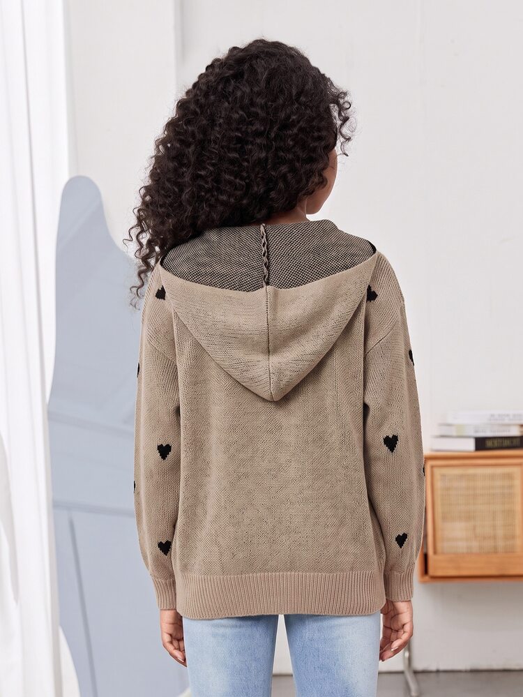 SHEIN Áo khoác cardigan len dệt kim tay dài có mũ dáng rộng thoải mái cho bé gái tween, phù hợp cho bé gái và tween, tông màu đất, mùa thu/đông - Màu Khaki - Xem 2