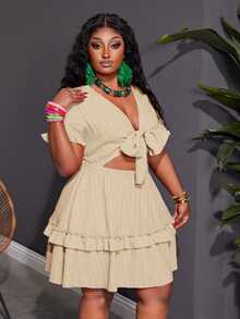 Slaydiva فستان صيفي قصير بأكمام قصيرة وتفاصيل كشكشة وربطة أمامية، من قماش منسوج ذو ملمس متموج، لون فوشيا، مناسب للسيدات البدينات، طراز رومانسي مريح للعطلات الصيفية - لون مشمشي - مشاهدة 4
